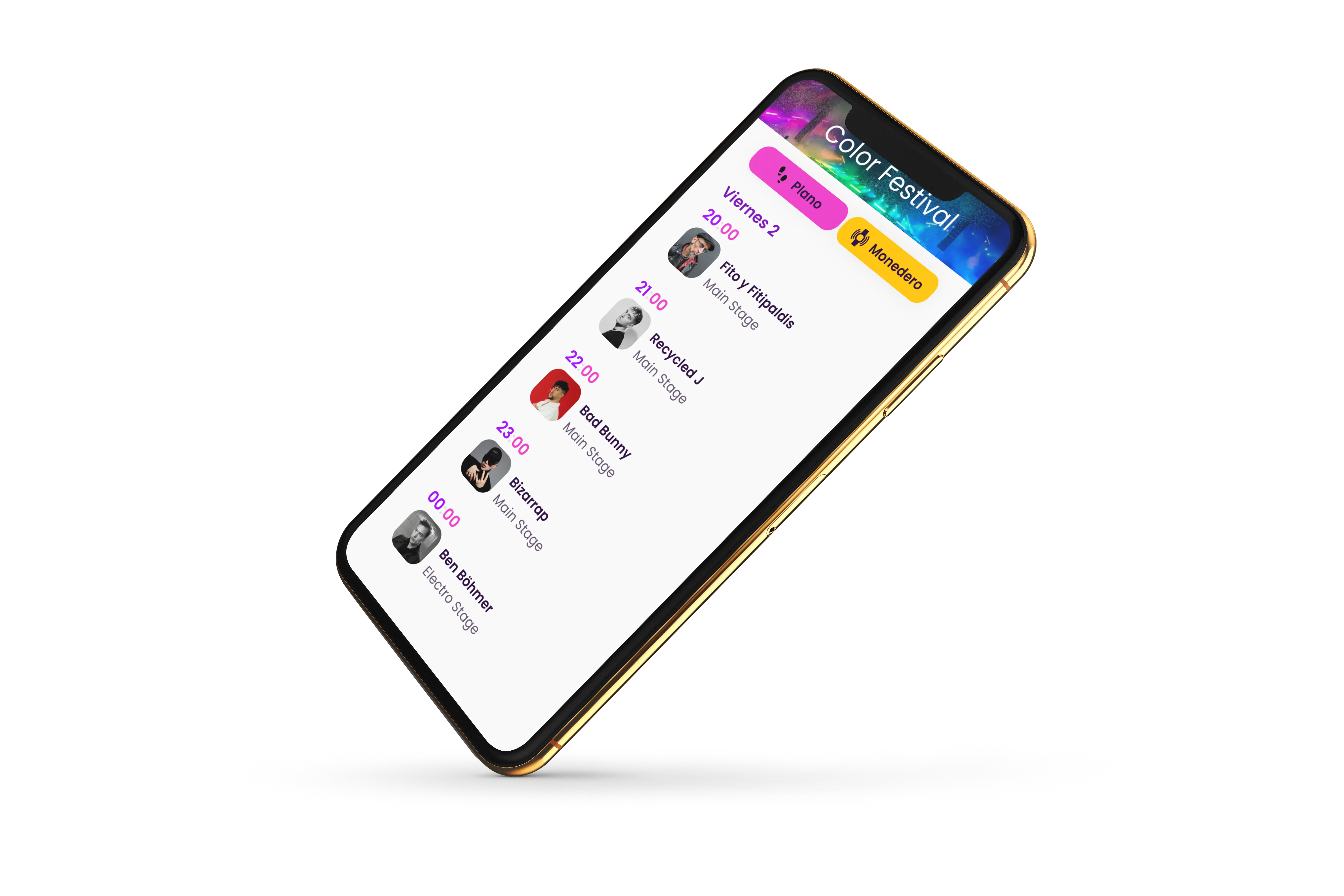 A phone showcasing a preview of FesteaPay's mobile app for festivals
